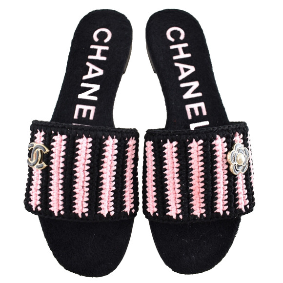 Chanel 24M Black Pink Crochet Stripe Camellia Flower Logo Mule Slide Sandal 39 - Picture 5 of 16